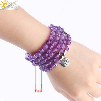 Natural Stone Healing Bracelet | Purple Crystal, 108 Mala Beads