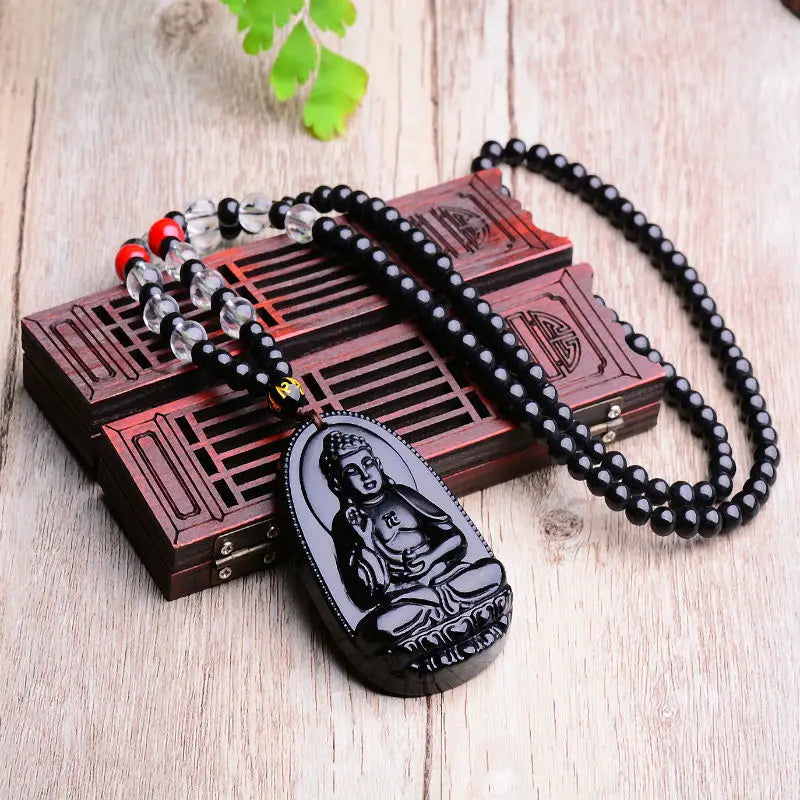 Black Obsidian Pendant Necklace | Six Stars Lucky Amulet