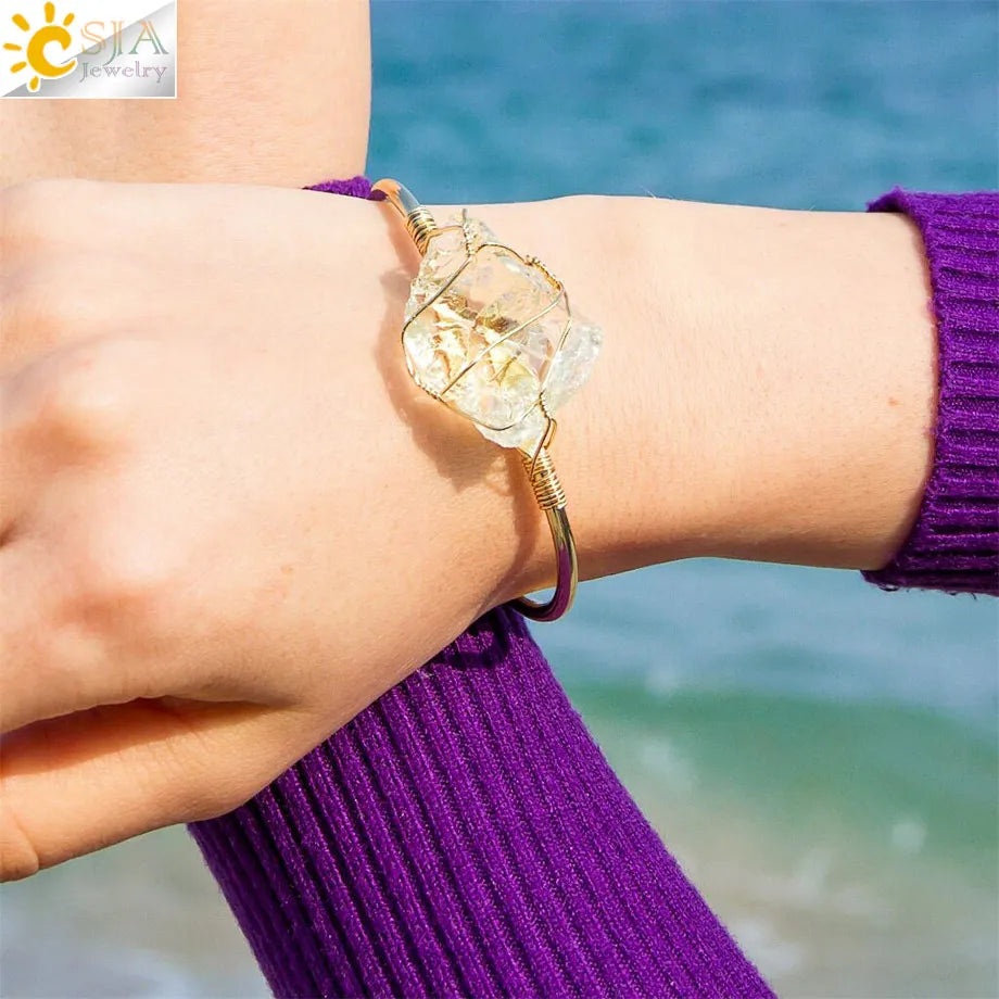 Crystal Quartz Cuff Bracelet | Gold-color, 5.5cm