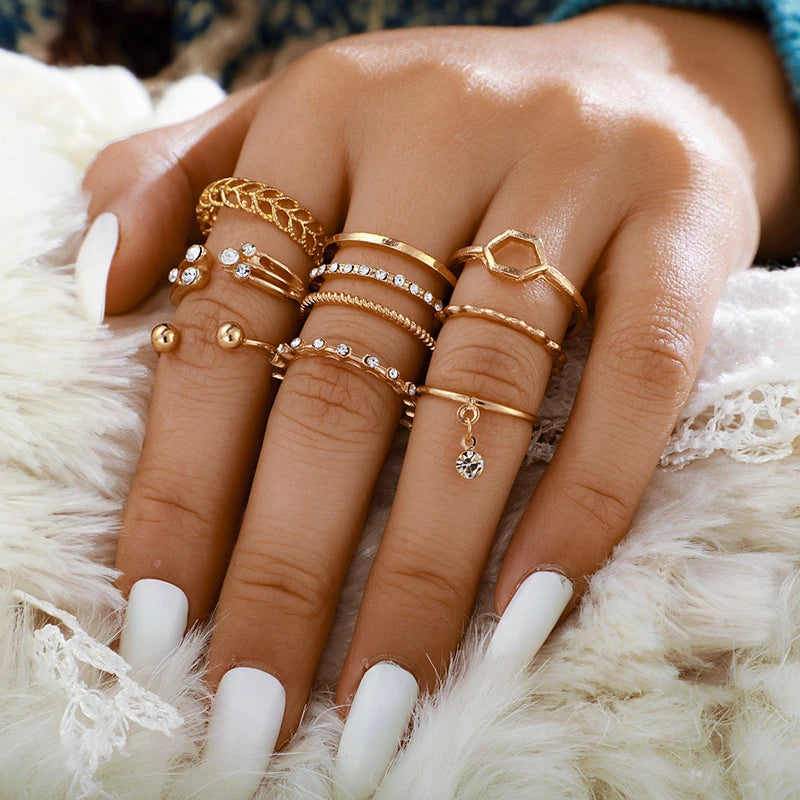 Geometric Crystal Stone Rings Set | Gold Chain, 8pcs