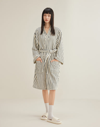 Cotton Terrycloth Bathrobe | Striped, Blue & White, S-XL
